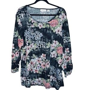 I.B. Diffusion Plus Size Floral Knit Blouse Rounded Neckline 3-4 Sleeve SZ 2X